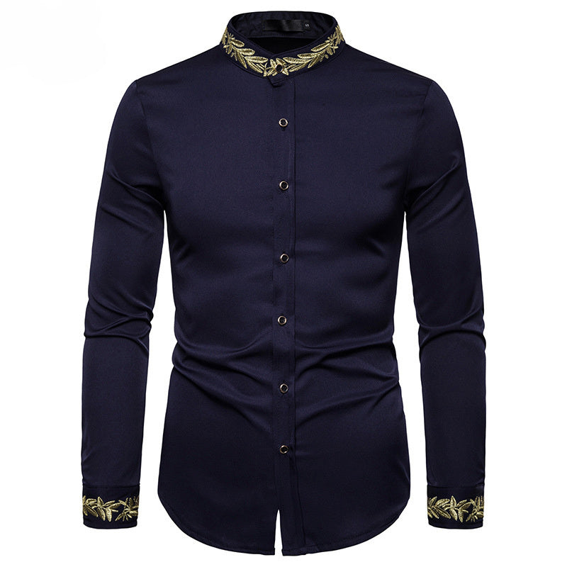 Chemise Col Mao Broderie Dorée - Élégante