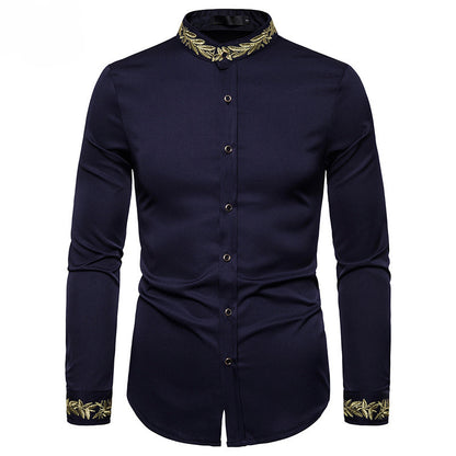 Chemise Col Mao Broderie Dorée - Élégante