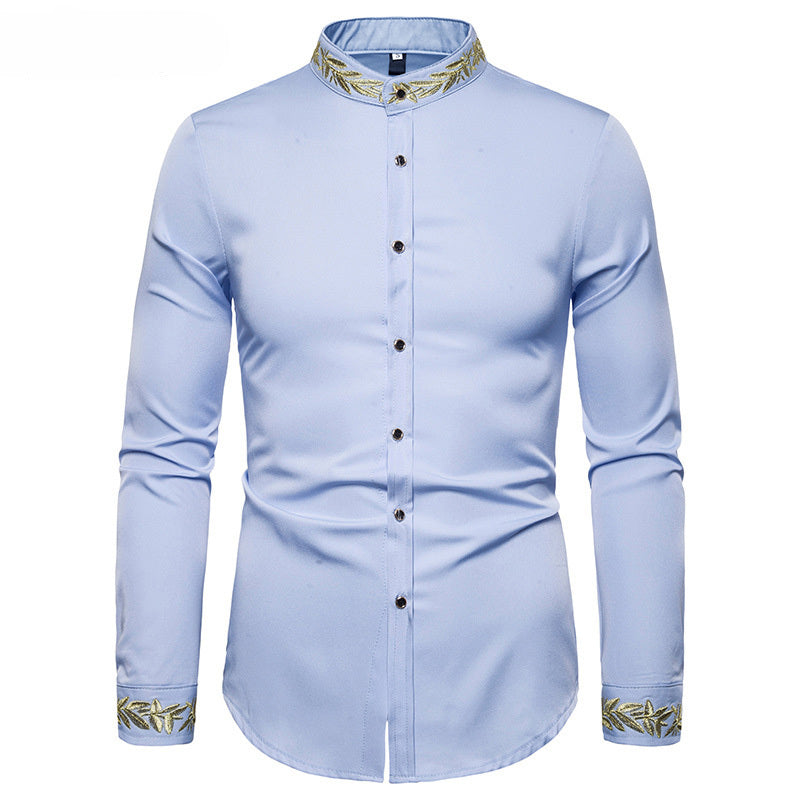 Chemise Col Mao Broderie Dorée - Élégante