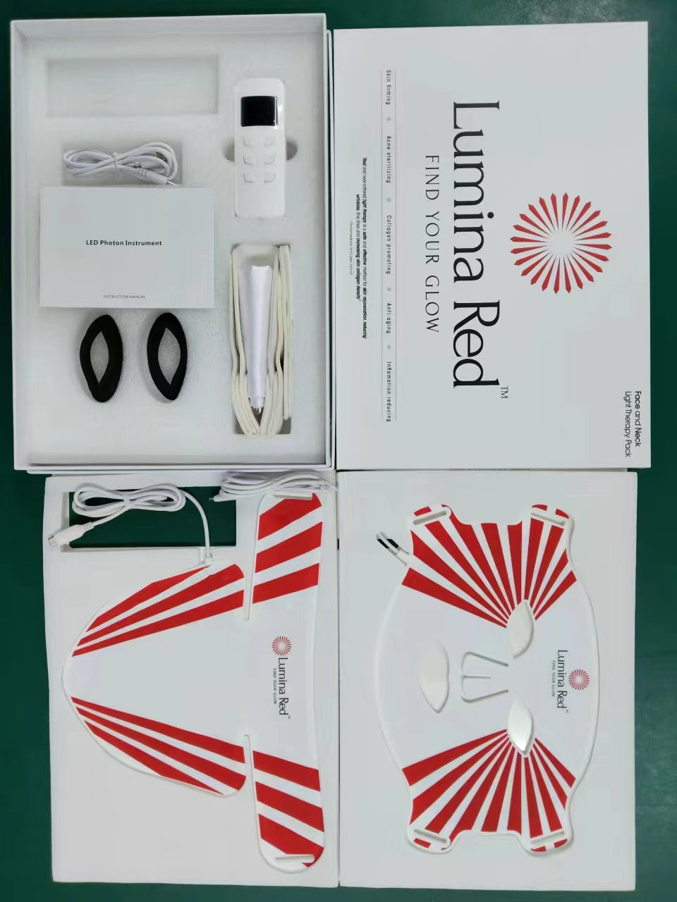 Masque LED Rajeunissement Facial et Cou - 4 Modes Lumière