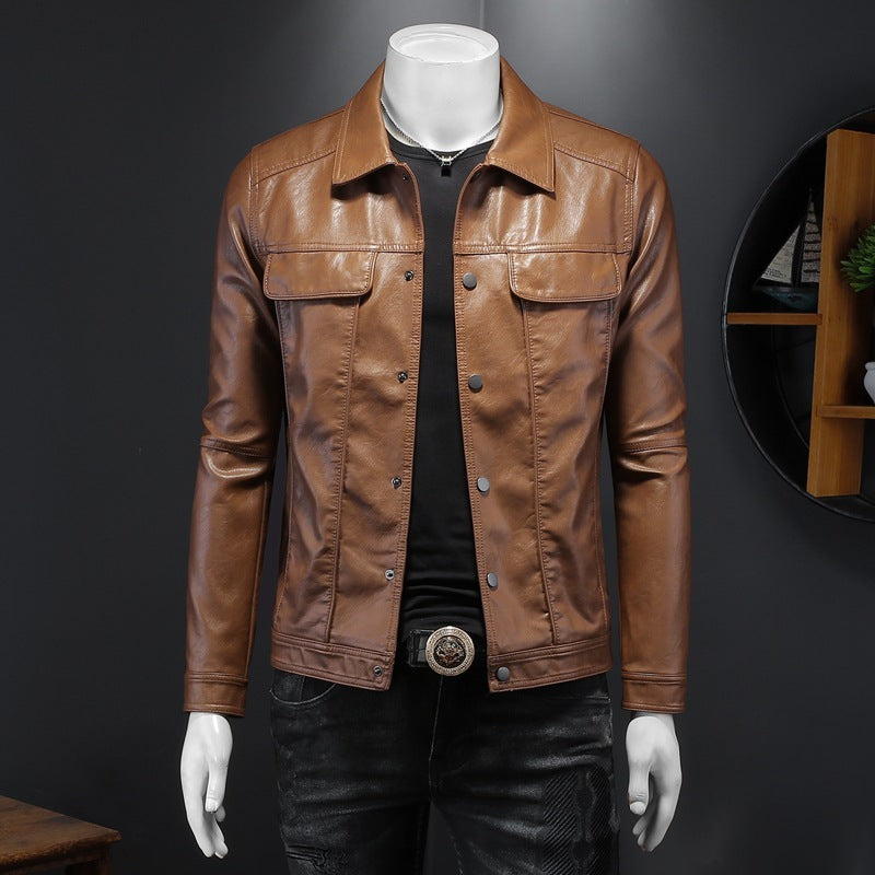 Manteau Cuir PU Homme Style Motard - Col Revers Manches Longues