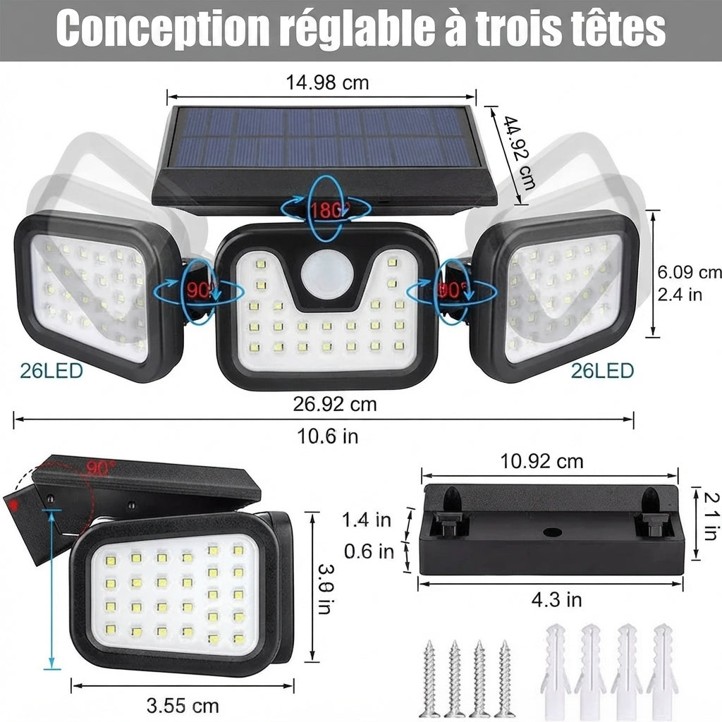 Projecteur Solaire Extérieur 3 Têtes IP65