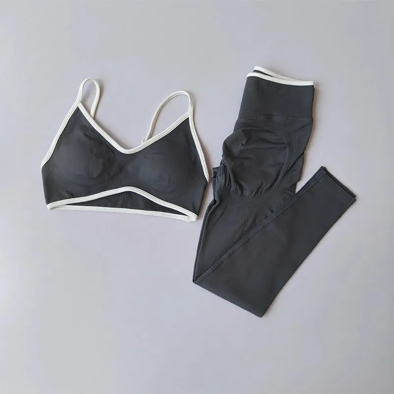 Ensemble Yoga Sans Couture – Brassière V & Legging Taille Haute | Bicolore