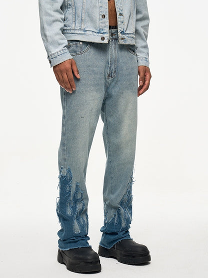 Jean Évasé Effet Flamme - Bleu Clair Dégradé