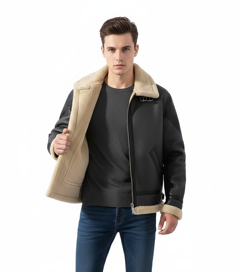 Veste Aviateur Homme Cuir PU Noir Doublure Sherpa - Style Rétro