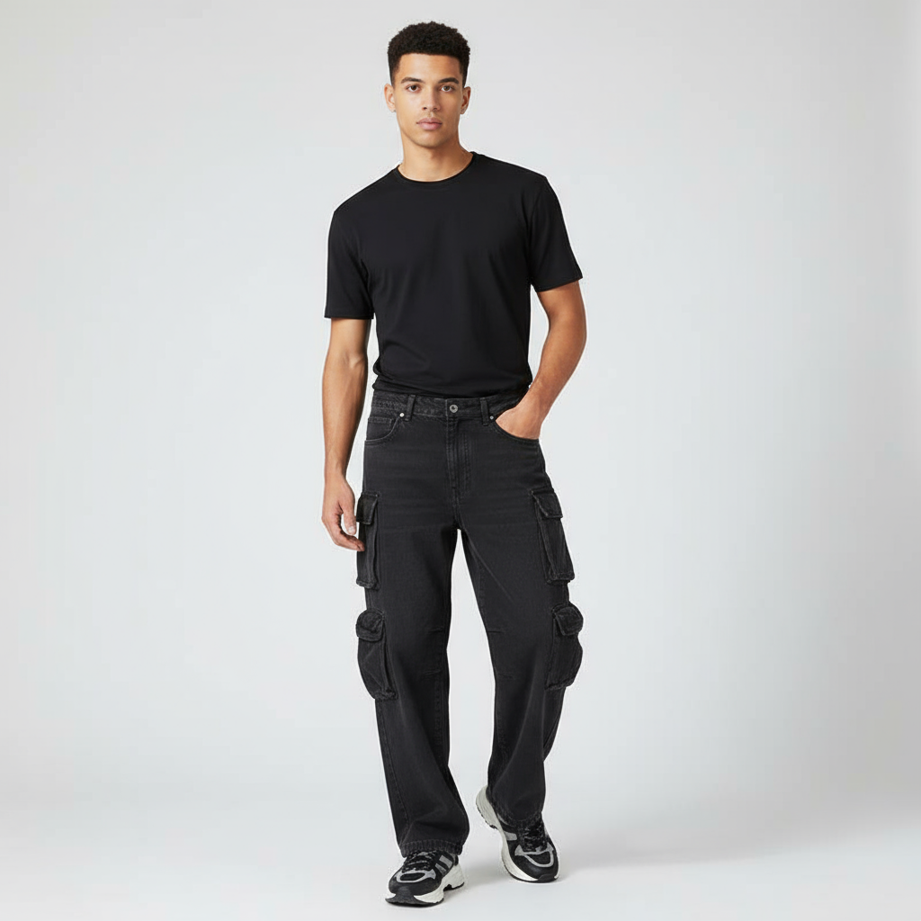 Jean Cargo Noir Homme Multipoches - Style Streetwear 100% Coton - Tissu naturel,